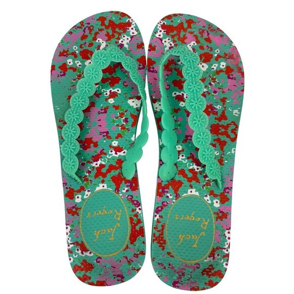 Jack Rogers Womens Flip Flop Sandals Size 9-10 Aqua Pink Floral Abstract Thong - Picture 1 of 9